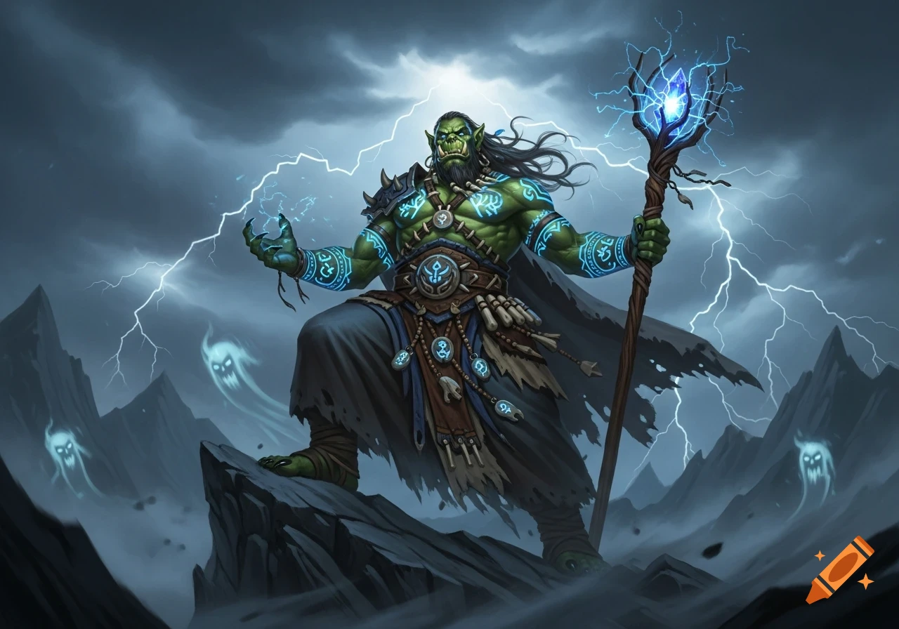 Green-skinned orc warlock with glowing blue tattoos and a staff, casting lightning magic in a stormy mountain landscape with ghostly figures.