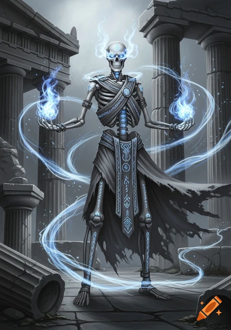 A powerful skeletal lich, adorned with glowing blue runes and holding blue flames, stands within ancient, crumbling Greek-style ruins.
