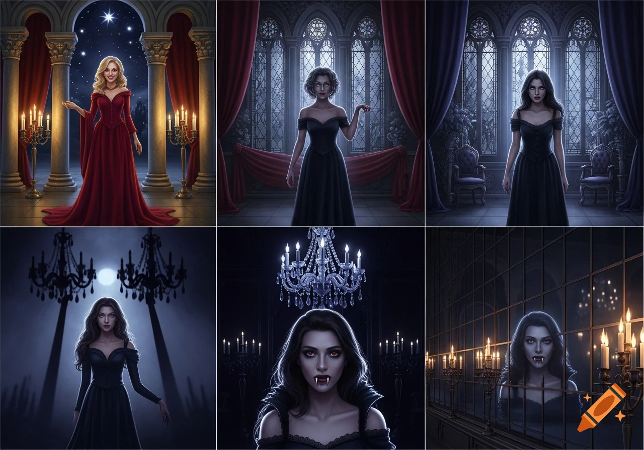 A grid of six digital illustrations depicting a woman's transformation from human to vampire, set in gothic environments.
