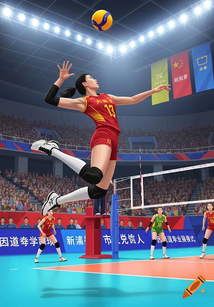A female Chinese volleyball player in a red uniform leaps to spike a ball during a match in a brightly lit arena.