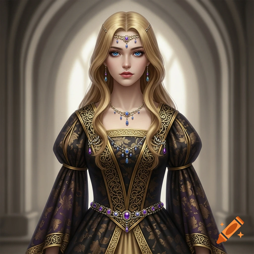 A hauntingly beautiful blonde imperial princess with sapphire eyes wears an elaborate black, gold, and purple gown with jewels, standing in an arched hall.