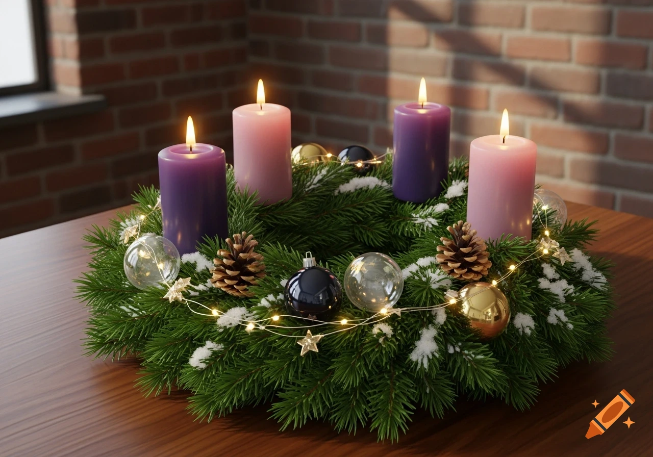 A photorealistic Advent wreath with four lit candles, pinecones, ornaments, and string lights on a wooden table.