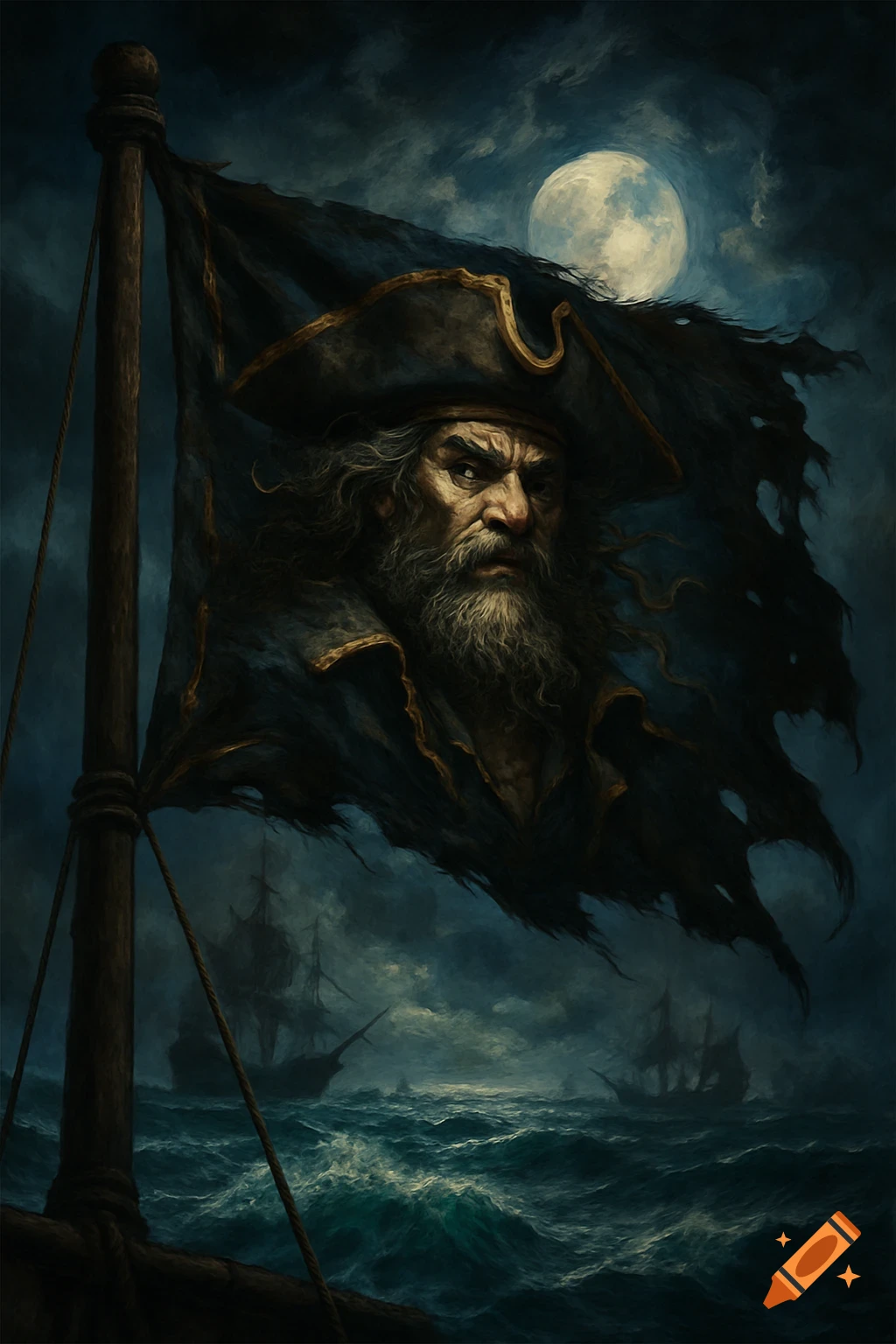 A fierce bearded pirate's face on a tattered flag, under a full moon on a stormy sea with silhouetted ships, in a dark painterly style.