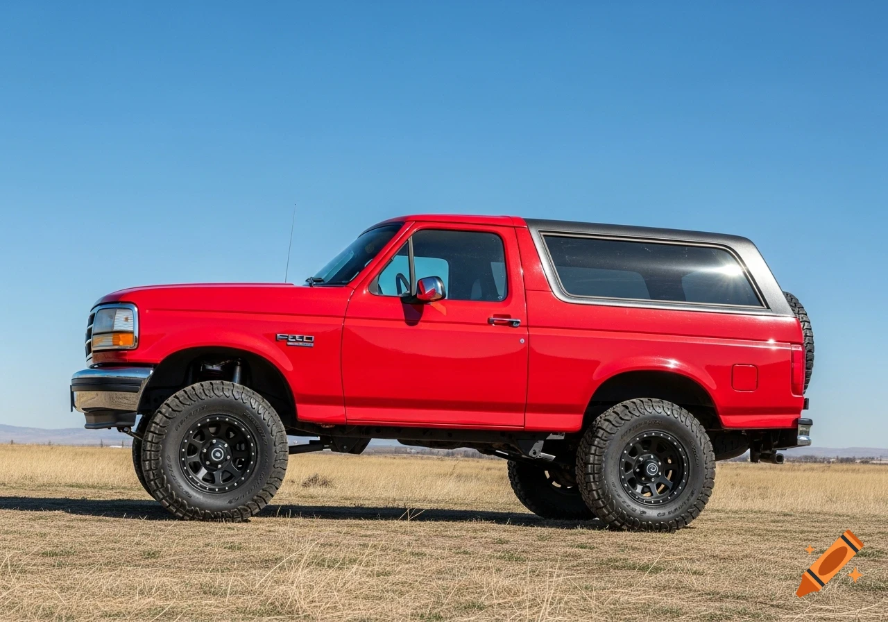 A bright red 1993 Ford Bronco with a black hardtop and a 2-inch lift kit sits in a field under a clear blue sky.