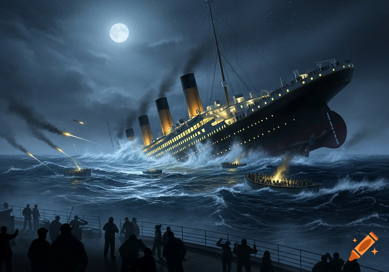 Dramatic illustration of the Titanic sinking at night, listing into rough waves under a full moon, with lifeboats and onlookers.