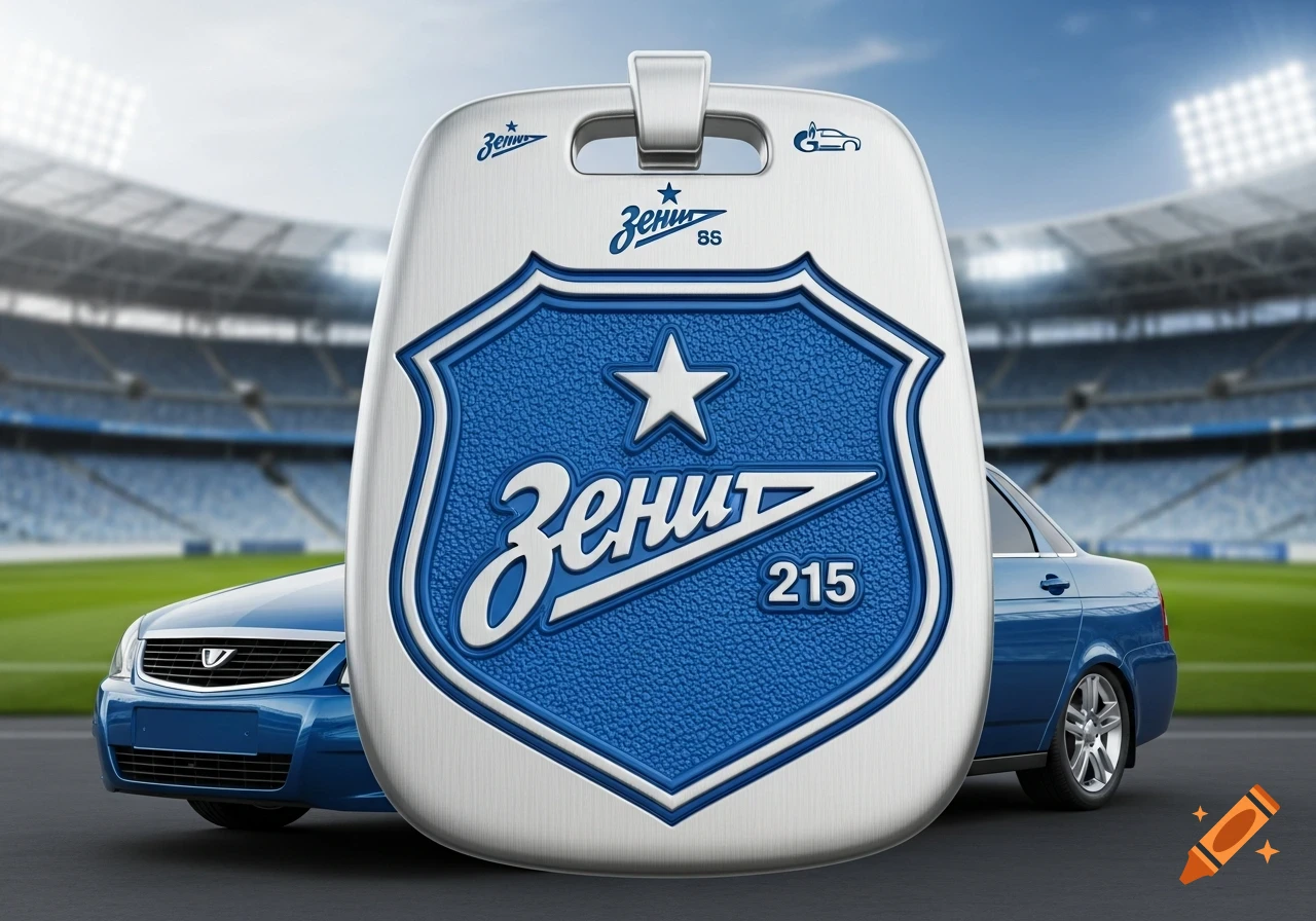 A photorealistic blue and white car keyring for Zenit football club, with a shield logo, a star, and the word "Зенит", in front of a blue car with a stadium in the background.