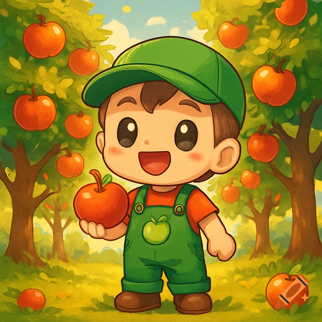 A cartoon chibi farmer boy in a green cap and overalls holds an apple in a vibrant apple grove.