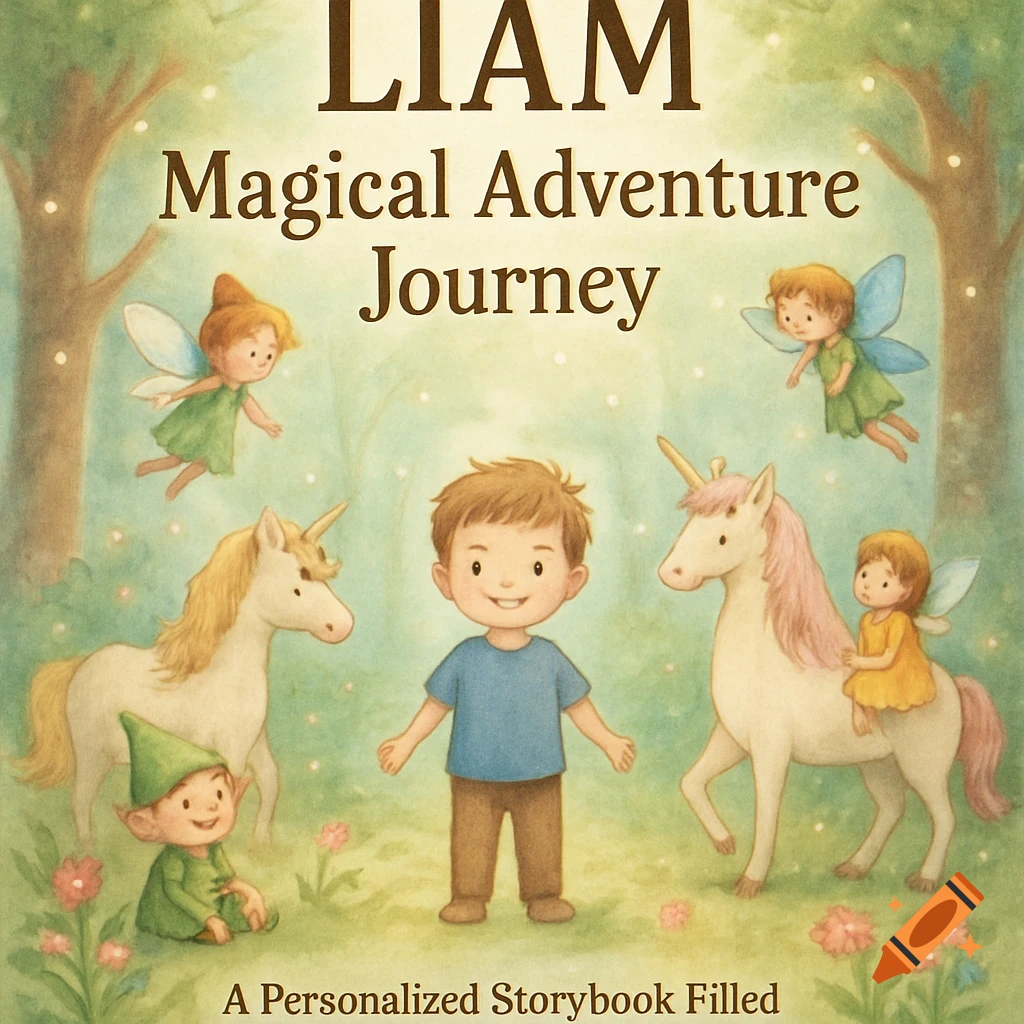 A whimsical watercolor children's book cover shows a boy, two unicorns, a sitting elf, and two flying fairies in an enchanted forest. Text reads "LIAM Magical Adventure Journey" and "A Personalized Storybook Filled".