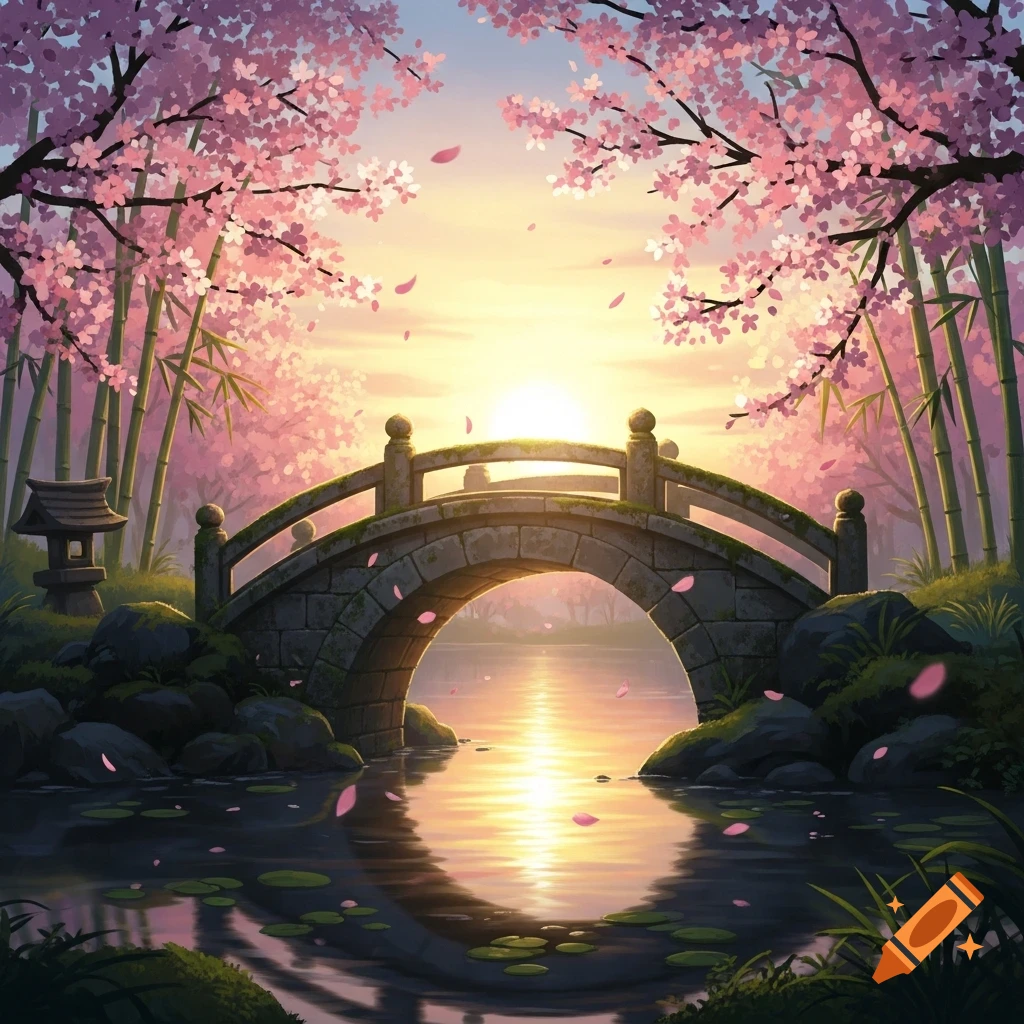 Serene Japanese garden with a stone bridge over a pond reflecting a sunset, surrounded by pink cherry blossoms and bamboo.