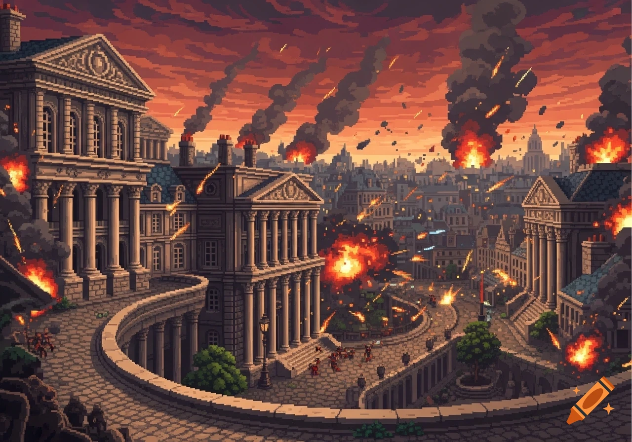 Pixel art of a city under attack with buildings on fire and smoke ...