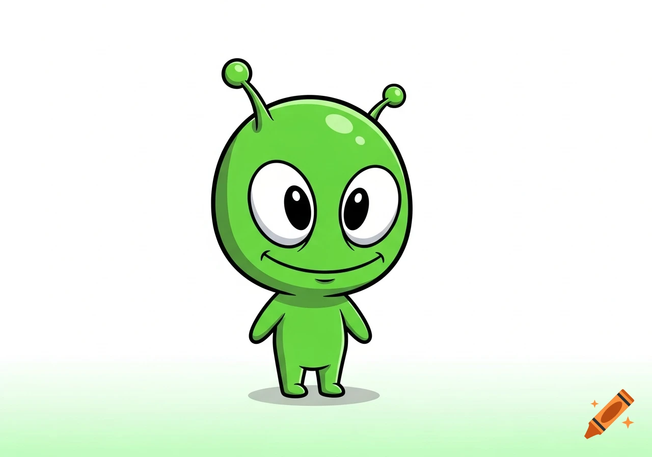 A cute, smiling green cartoon alien with big eyes stands on a white background.