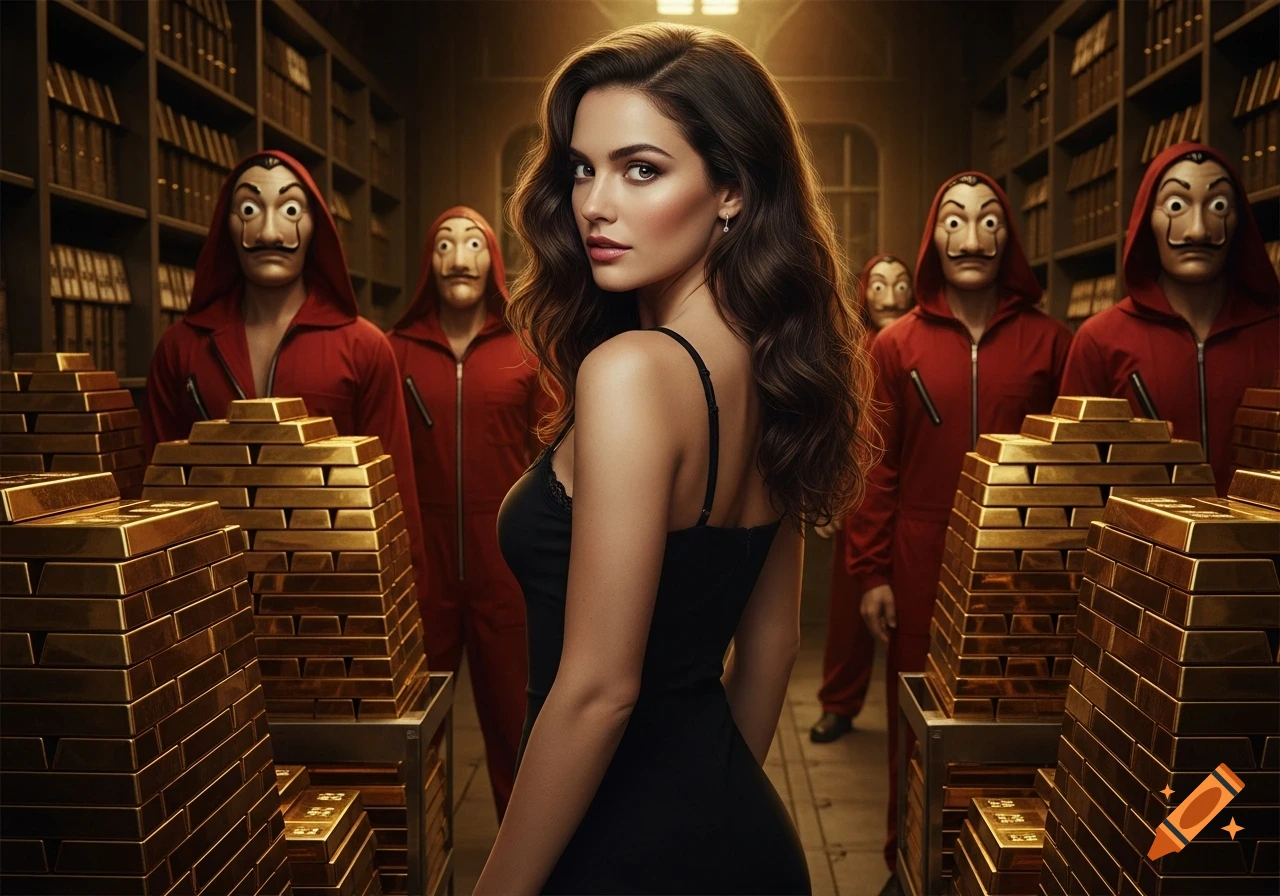 Confident woman in a black dress looks back in a vault with gold bars, flanked by figures in red jumpsuits and Dali masks.