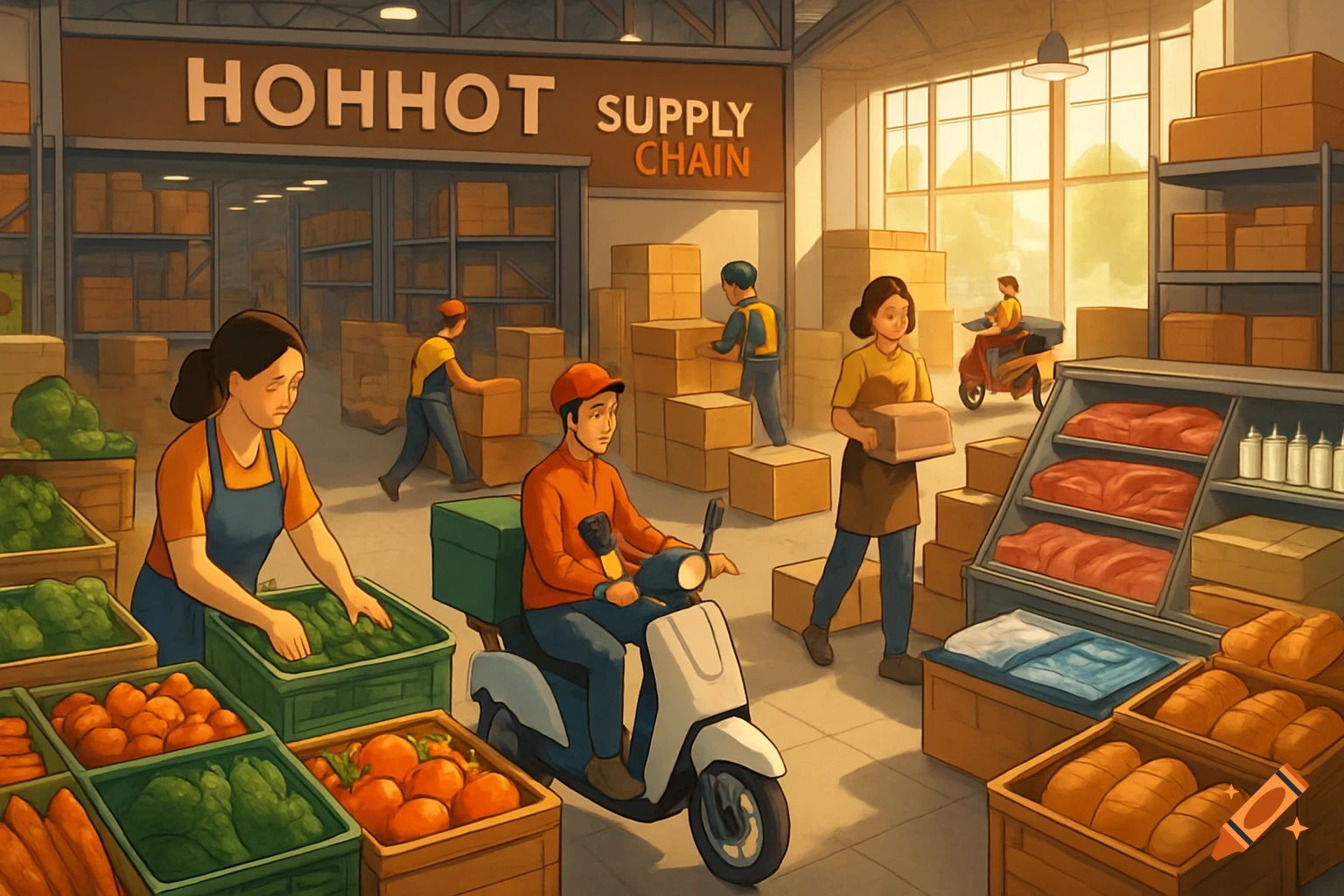 Illustrated scene of a bustling food supply chain warehouse with workers sorting produce, moving boxes, and making deliveries on scooters.