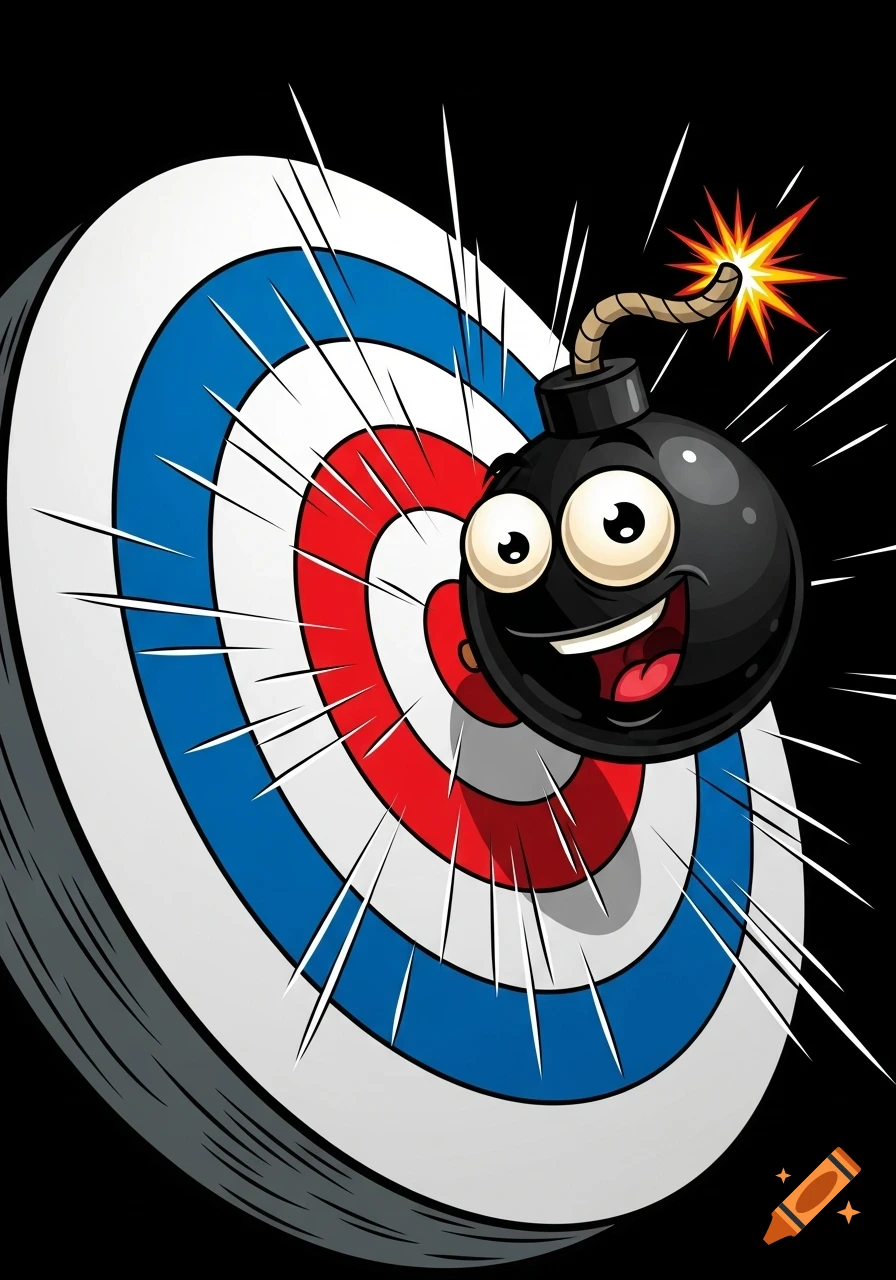 A smiling, cartoon bomb with a lit fuse is stuck in the bullseye of a red, white, and blue dartboard, with comic-style burst lines.
