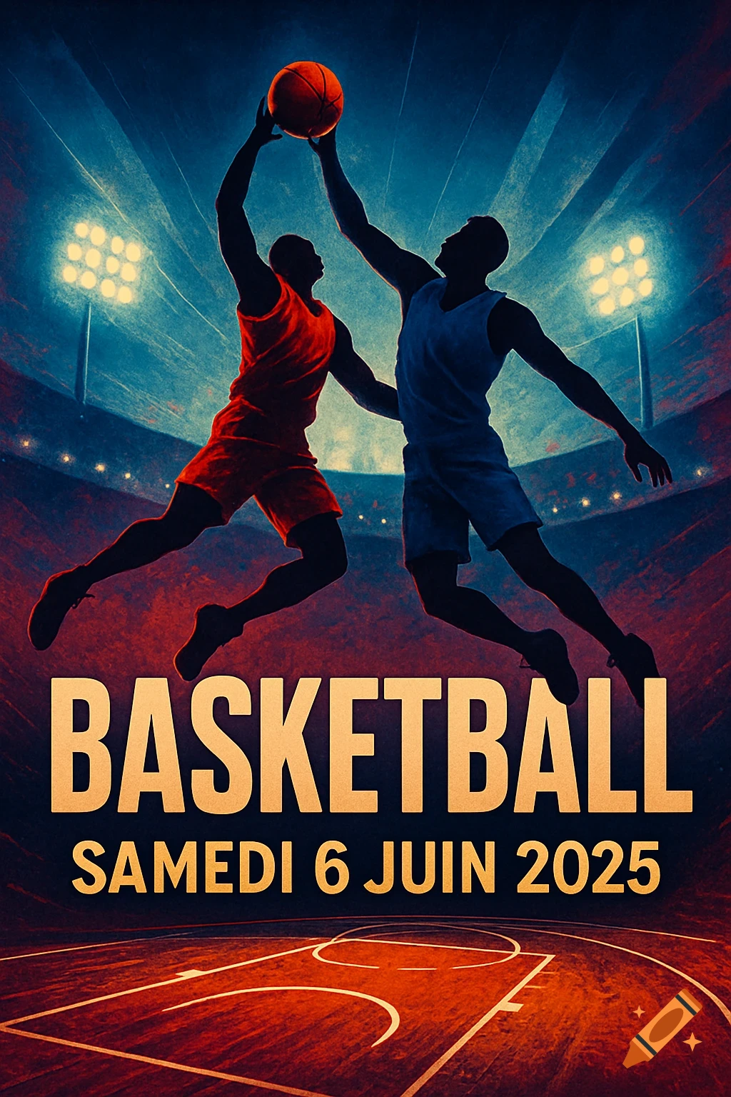 Dynamic basketball poster with two silhouetted players jumping for a ball, stadium lights, and text 'BASKETBALL SAMEDI 6 JUIN 2025' on a court.