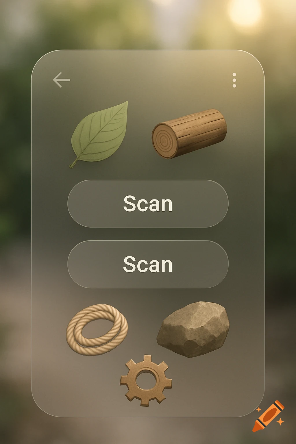 An AR app user interface overlay with a blurred nature background, featuring 'Scan' buttons and icons of a leaf, log, rope, rock, and gear.