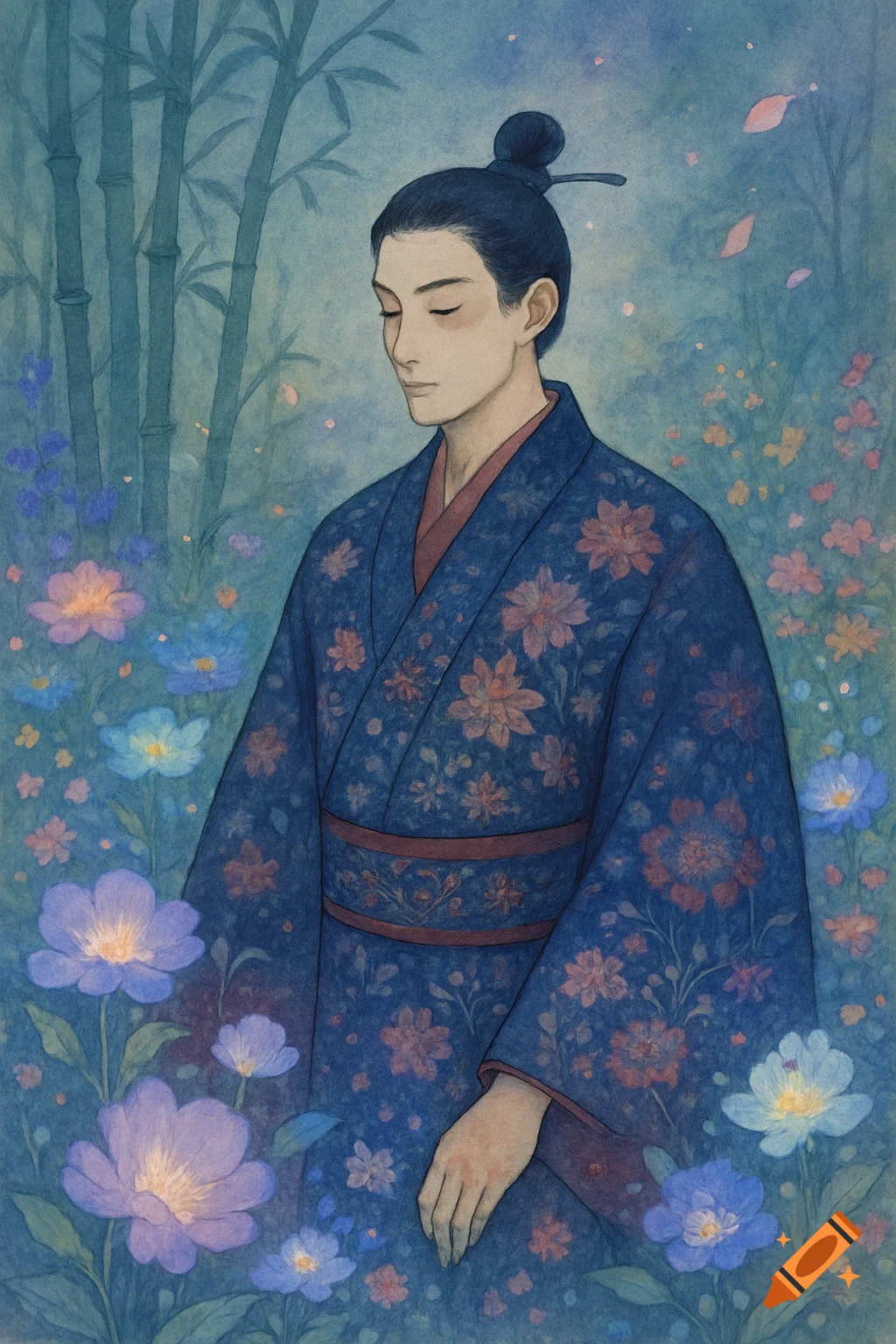 Watercolor illustration of a person in a blue kimono with flowers, standing among bamboo and colorful blossoms.