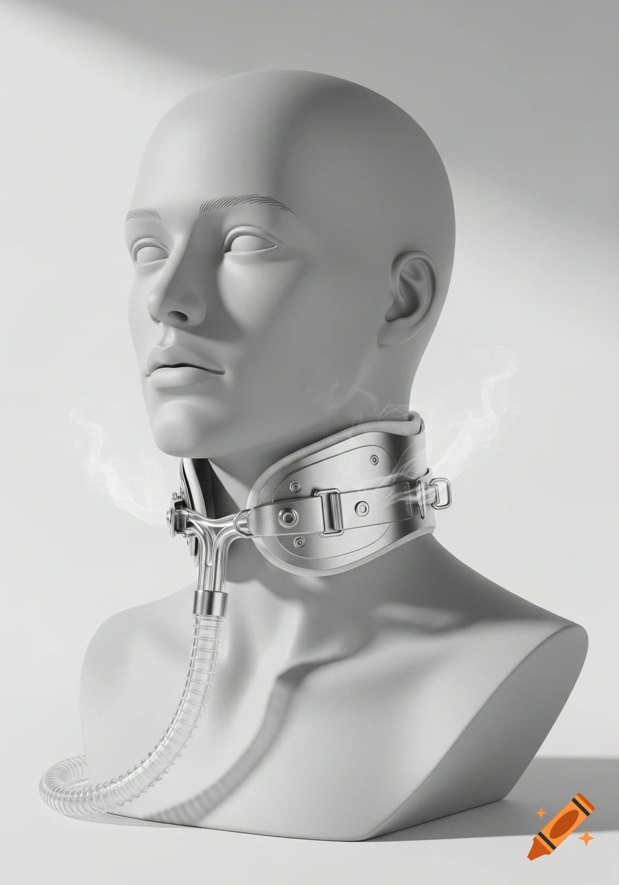 A monochrome 3D render of a stylized, grey mannequin bust wearing a futuristic metal collar with tubes and steam.