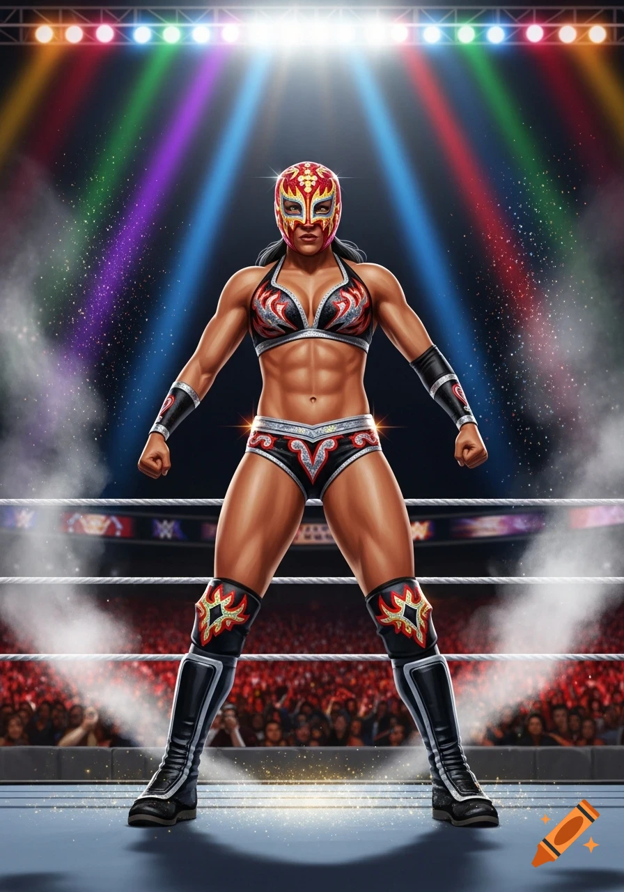 A muscular female wrestler in a mask and a black and red outfit stands powerfully in a brightly lit wrestling ring.