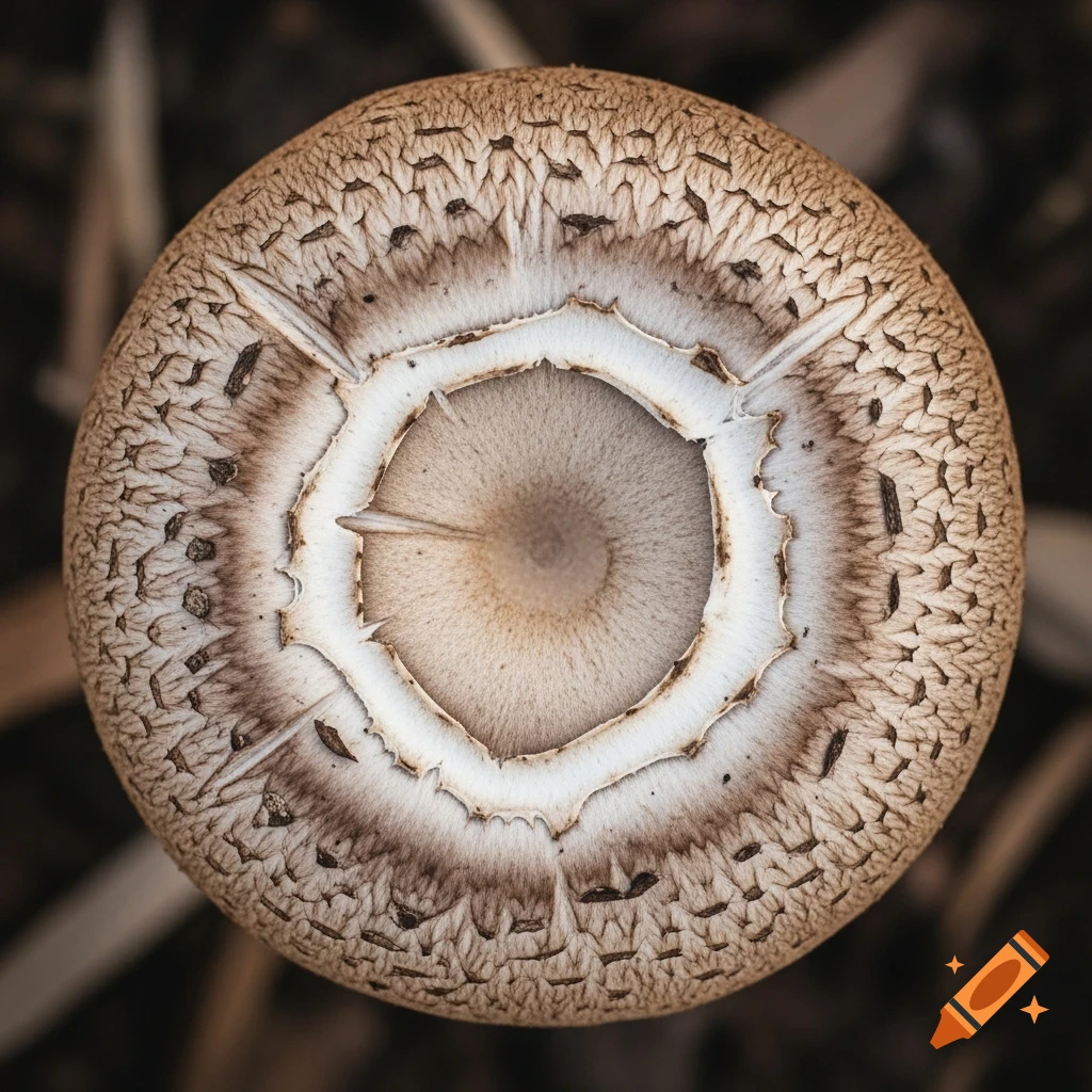 Overhead macro photograph of a mushroom cap with intricate concentric rings and radial texture.