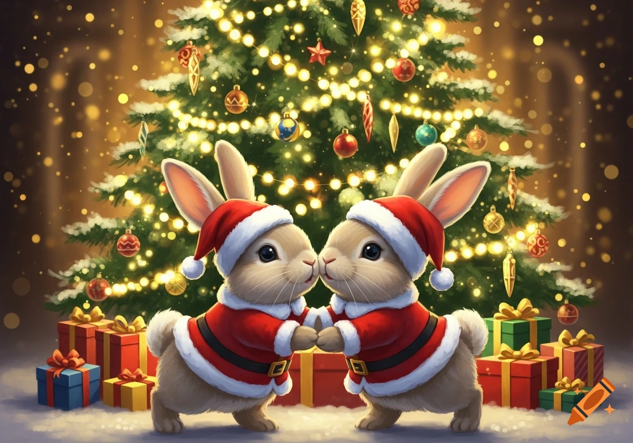 Two cute bunnies in Santa suits share a kiss in front of a brightly lit Christmas tree surrounded by presents.