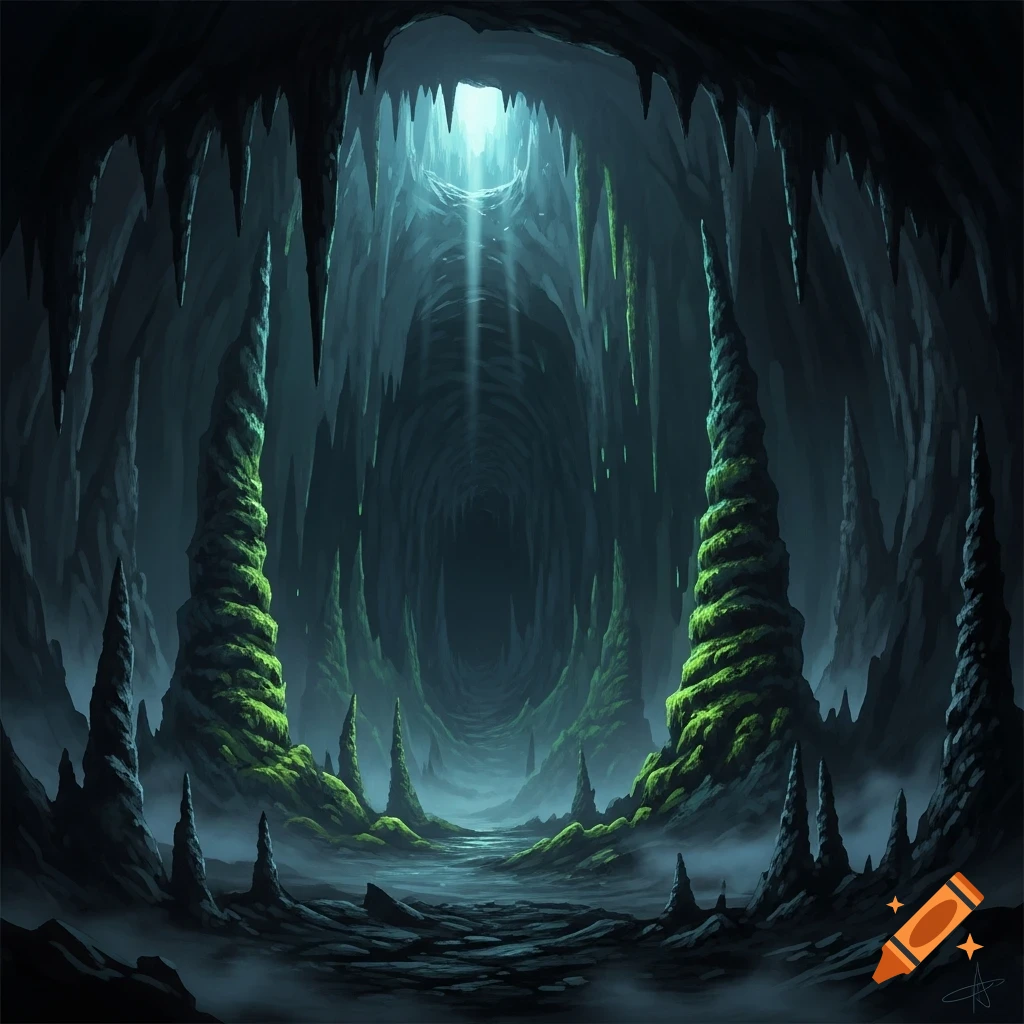 A dark, eerie fantasy cave with glowing moss-covered stalagmites, stalactites, and a light ray illuminating a deep tunnel.