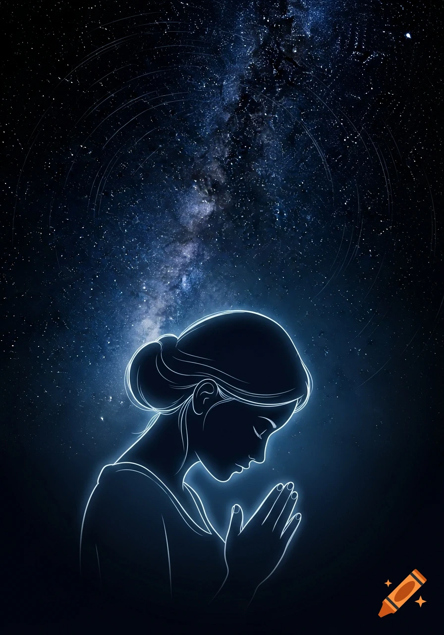 Glowing outline of a woman in prayer against a dark blue night sky with the Milky Way and star trails.