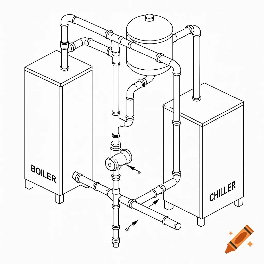 Clean black and white isometric line-art drawing of a boiler, chiller, mixer, and compression tank connected by pipes.