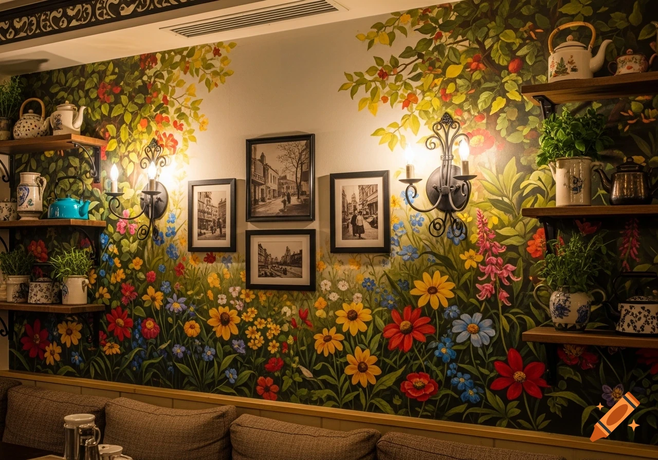 Vibrant cafe wall with a colorful floral mural, wooden shelves of teapots and plants, and framed black and white street photos.