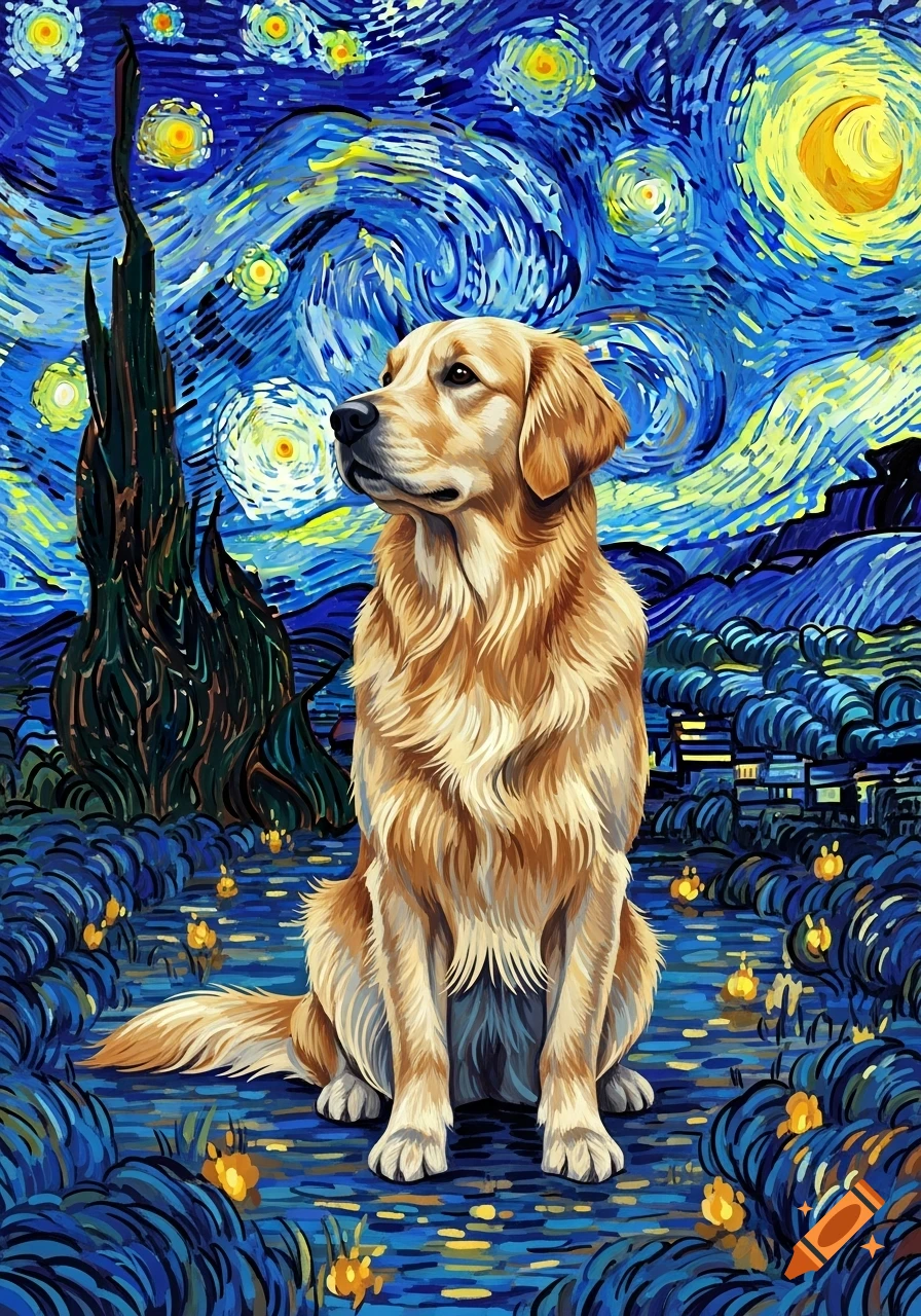 A golden retriever sits in a vibrant, swirling landscape reminiscent of Van Gogh's Starry Night, with a cypress tree.