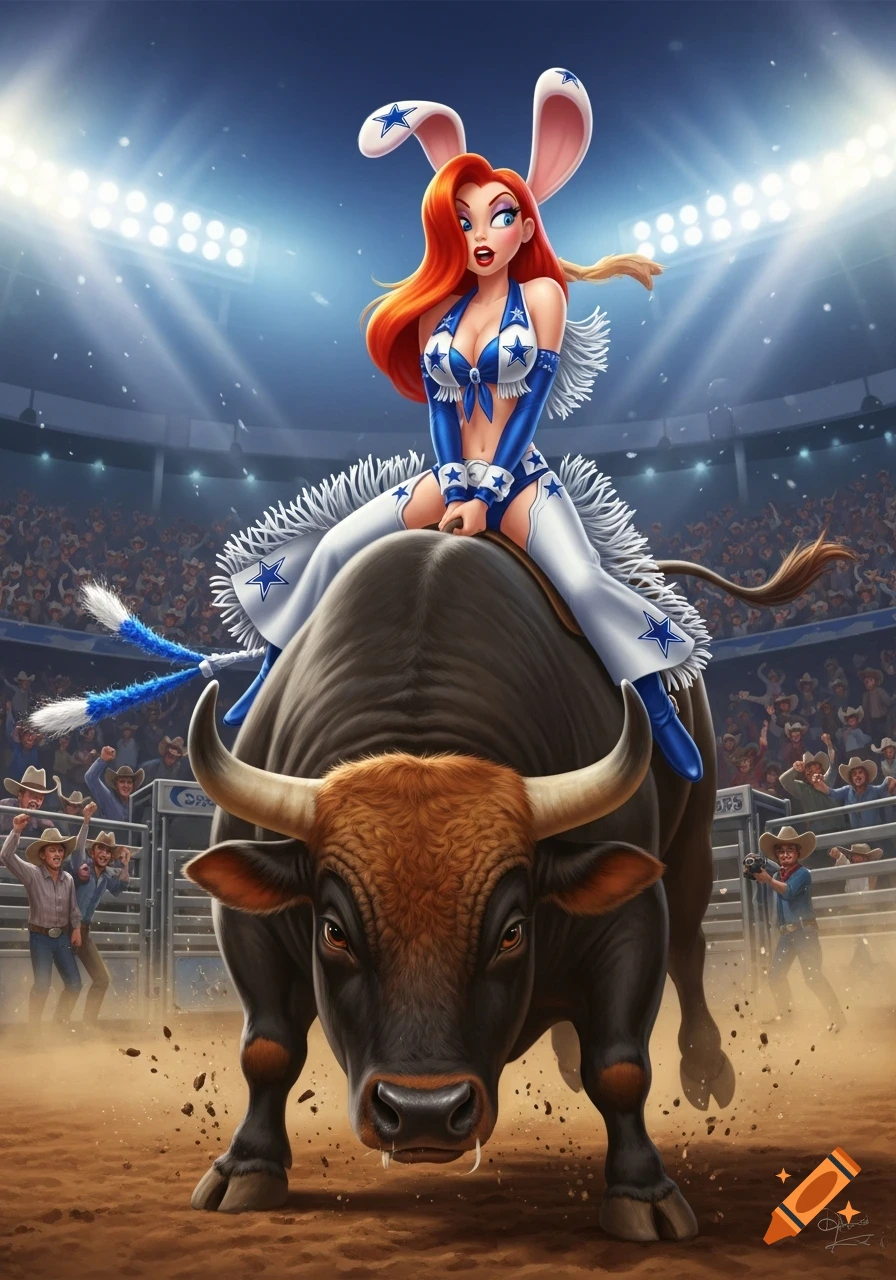 Jessica Rabbit in a Dallas Cowboys cheerleader outfit, complete with bunny ears, riding a large, angry bull in a brightly lit rodeo arena, surrounded by a cheering crowd. Stylized digital art.