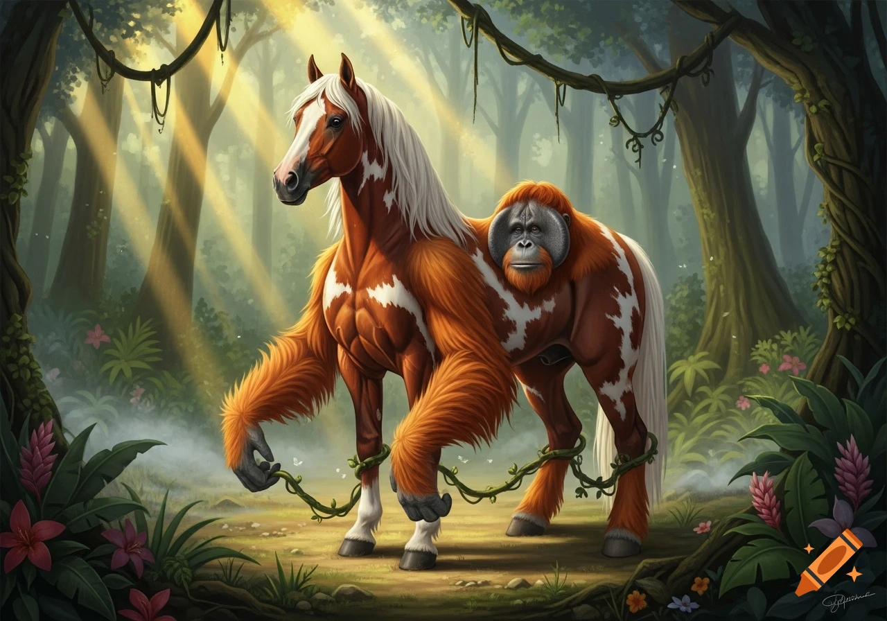 A fantastical hybrid creature, part horse and part orangutan, stands in a sun-dappled jungle, vines around its legs.