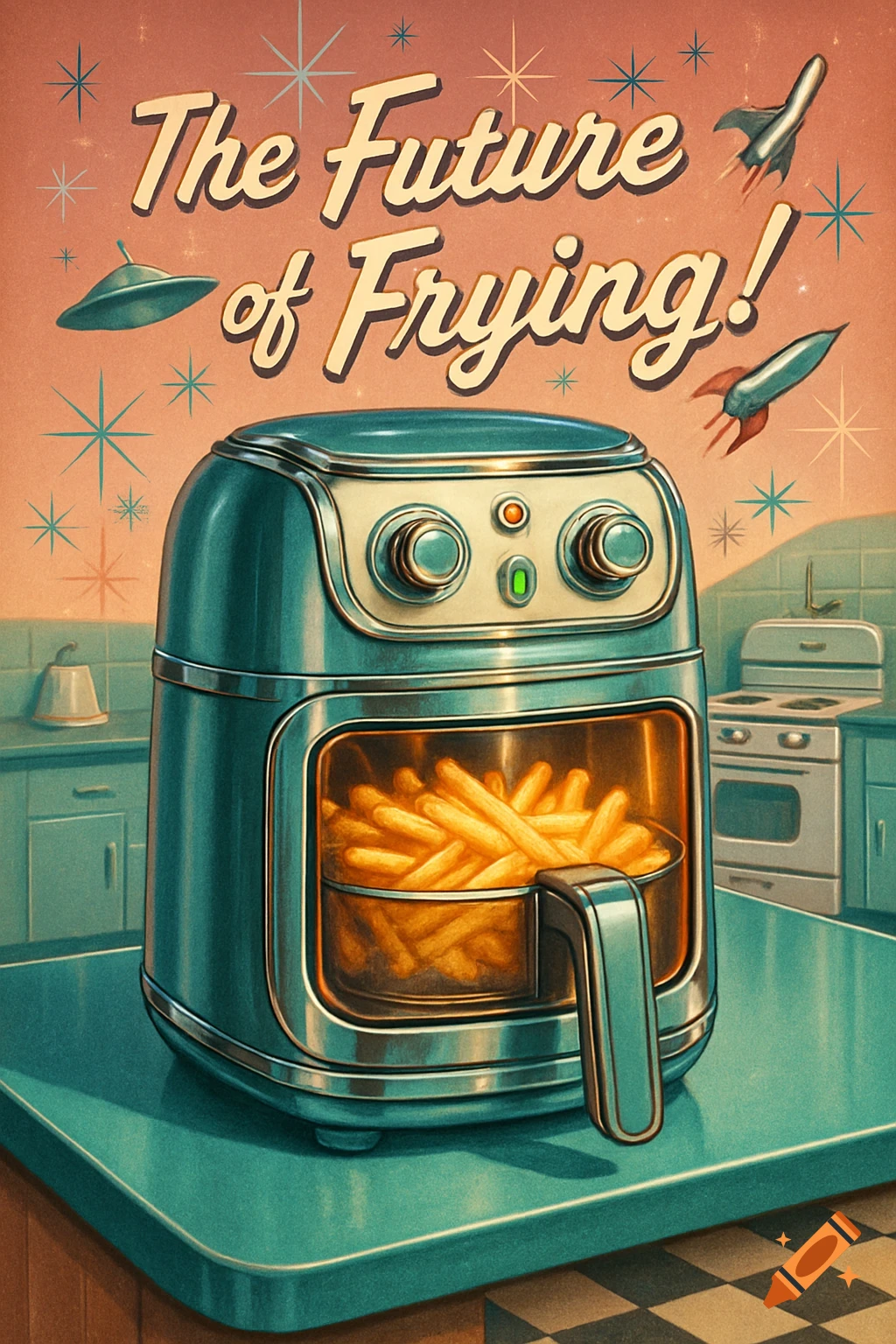 A retro-futuristic 1950s-style poster for an air fryer with golden french fries, in a teal kitchen. Text: "The Future of Frying!"
