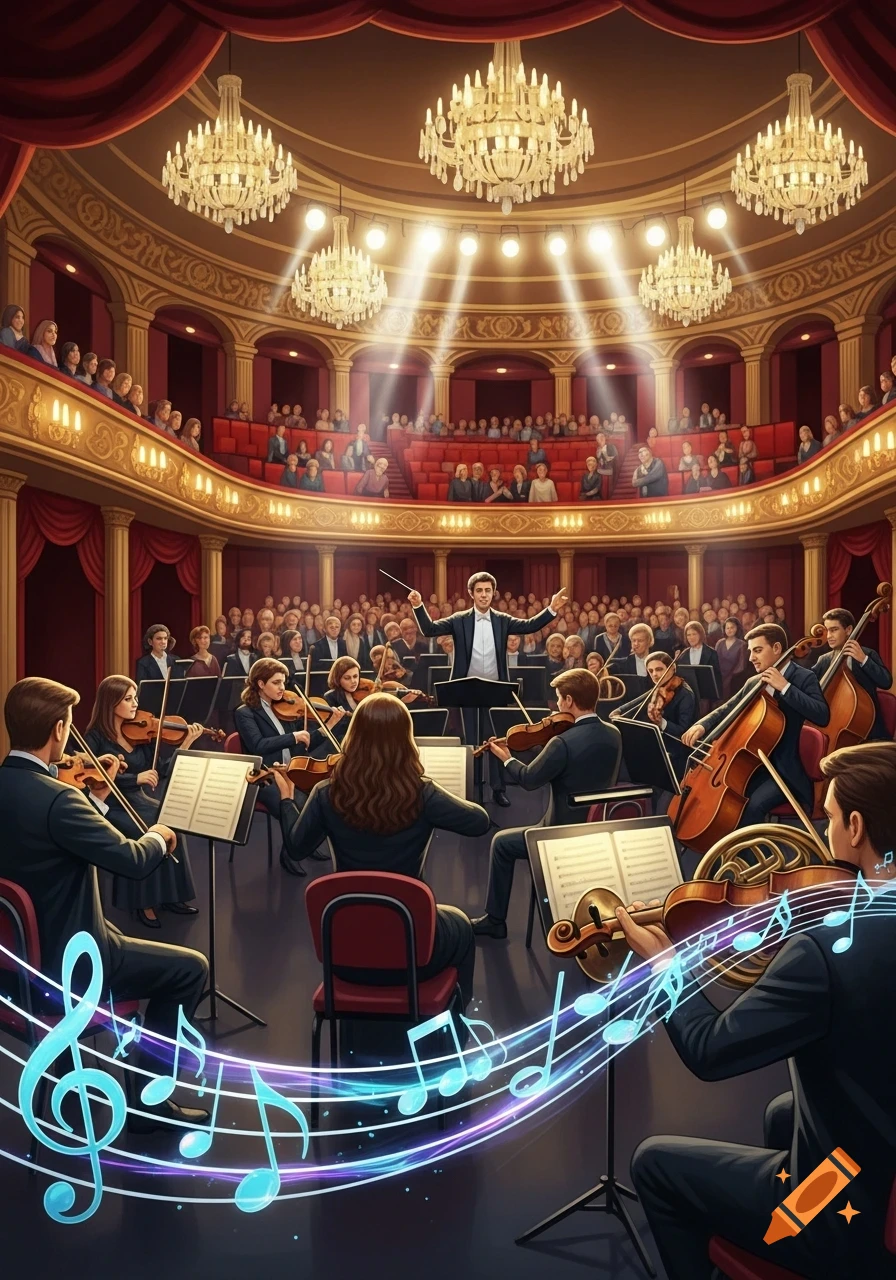 A conductor leads an orchestra performing in a grand, ornate concert hall with chandeliers and glowing musical notes.