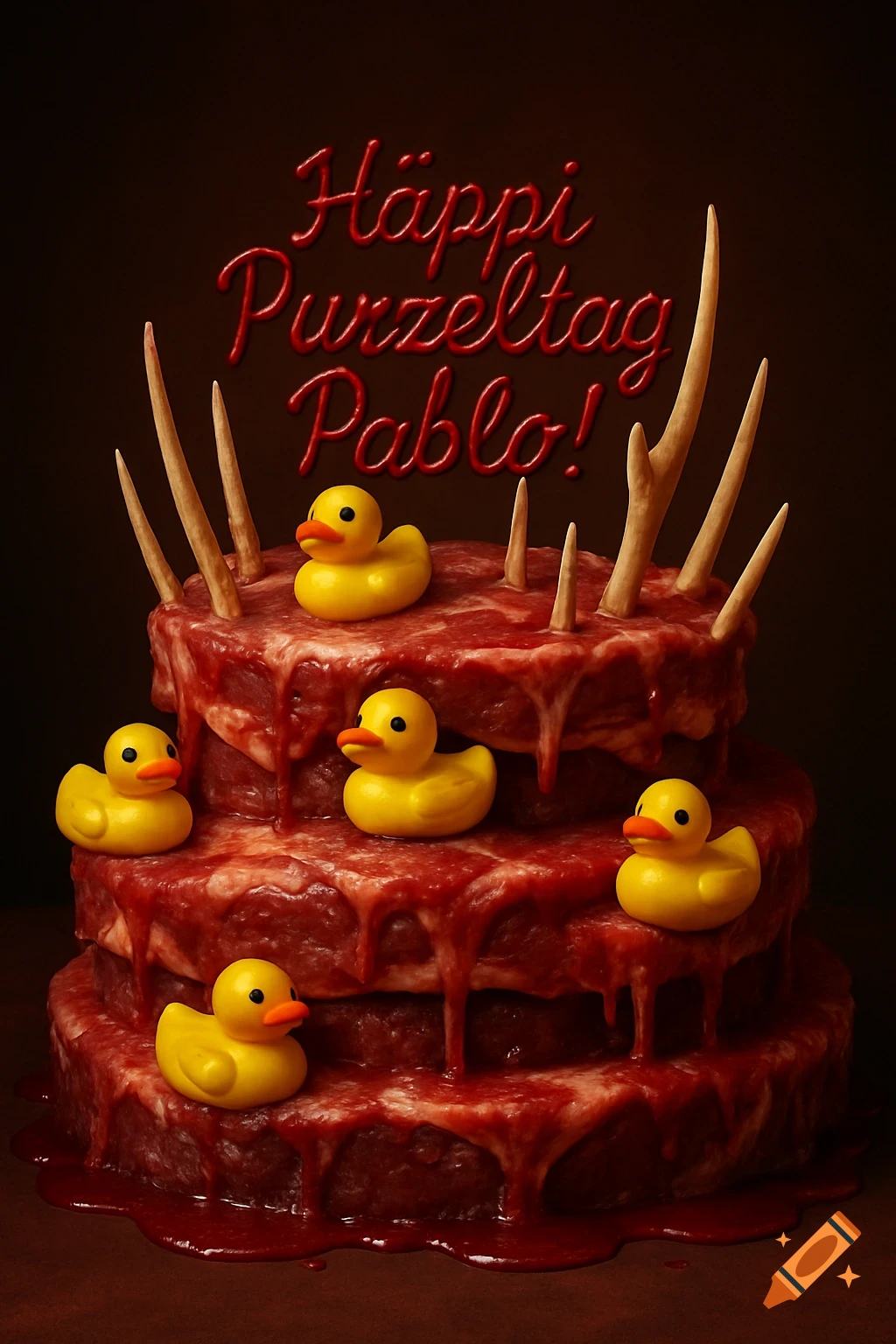A macabre three-tiered birthday cake made of raw meat and red liquid, decorated with bones, yellow rubber ducks, and red text 'Häppi Purzeltag Pablo!'.
