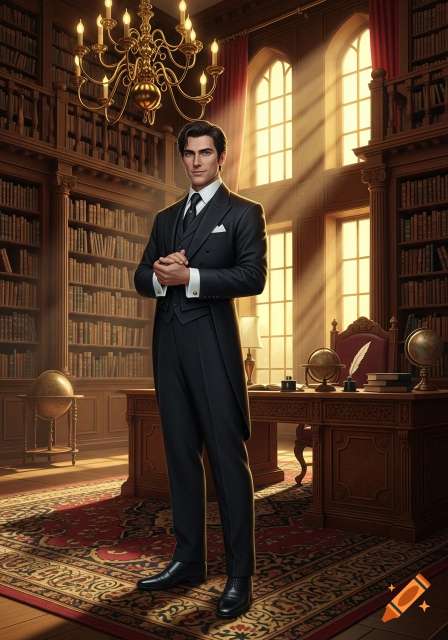 A sophisticated man in a dark suit stands in a grand, sunlit library with ornate bookshelves, a desk, and a chandelier.
