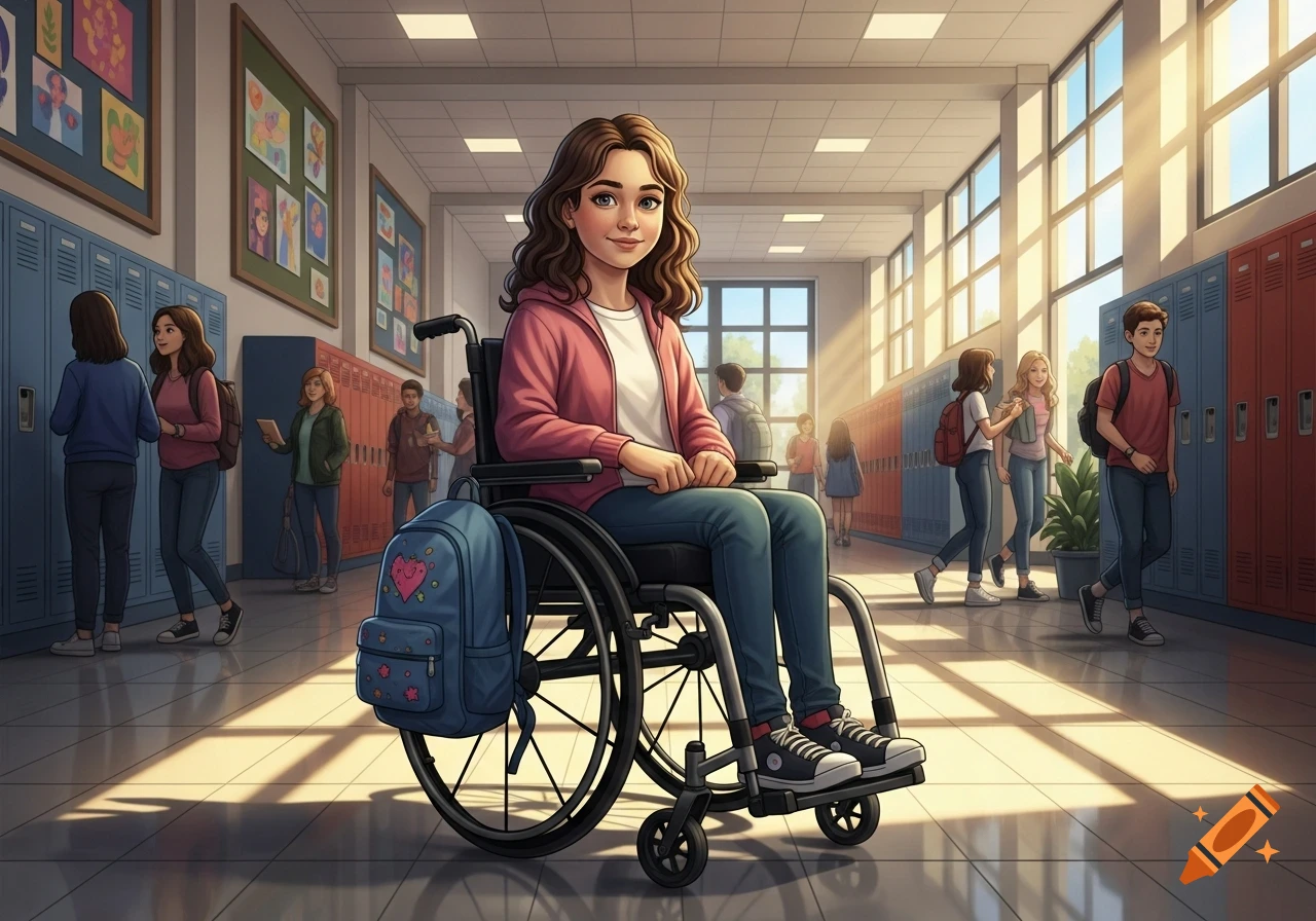 Cartoon illustration of a smiling girl in a wheelchair in a sunlit school hallway with other students and lockers.