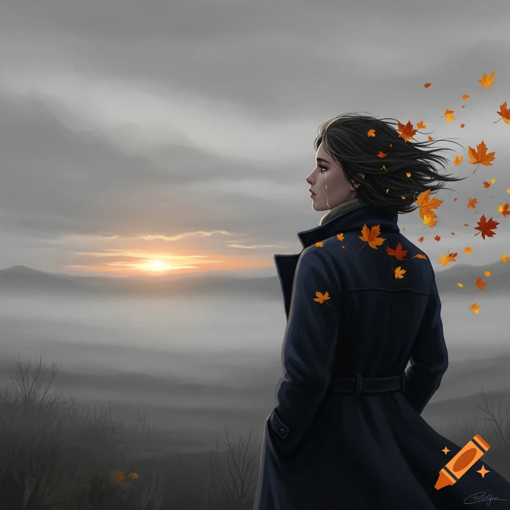 Illustrative painting of a crying woman in a dark coat, looking at a sunset over a misty autumn landscape with falling leaves.