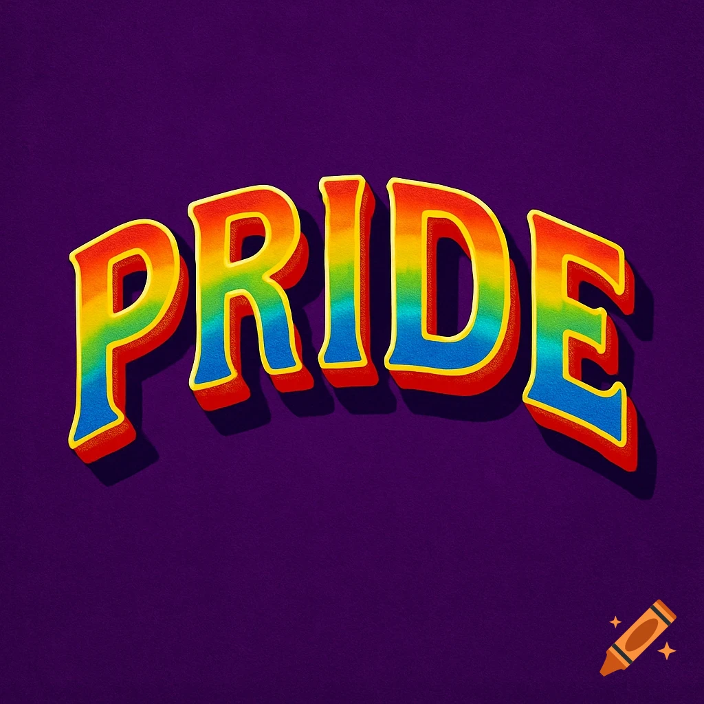 Rainbow colored 'PRIDE' text in a retro font with a shadow effect on a textured purple background.
