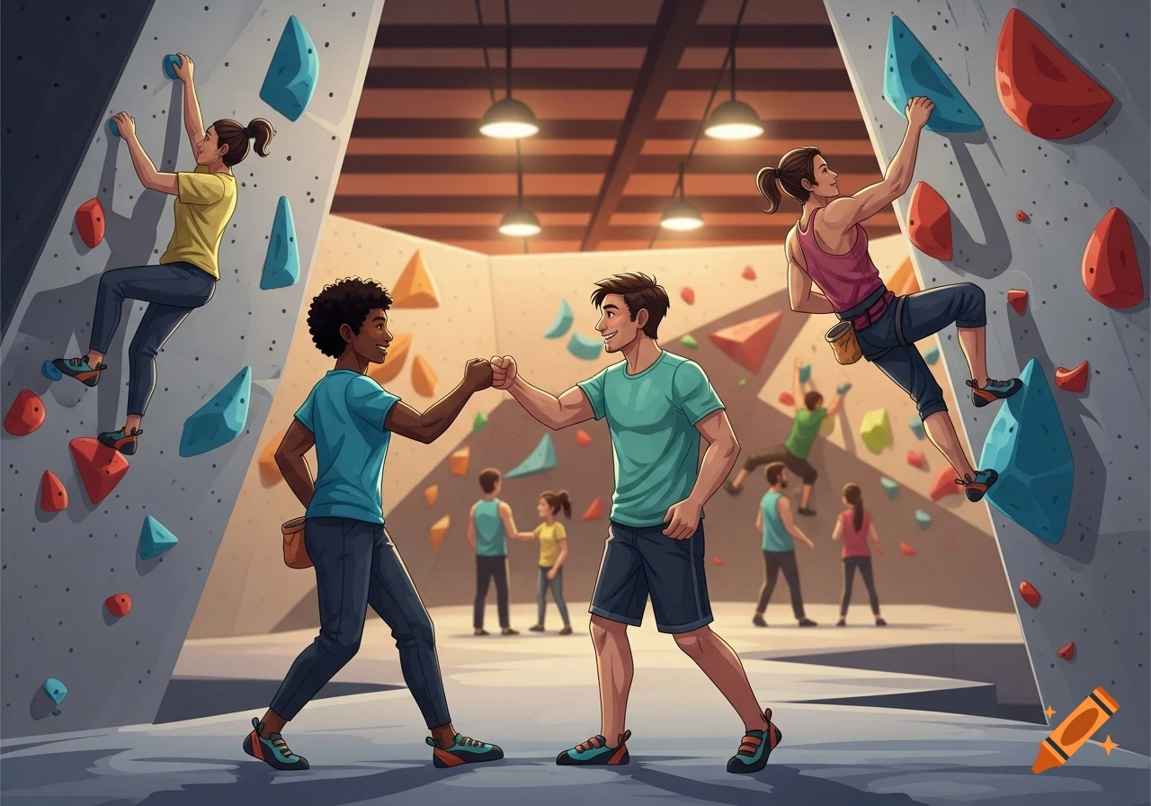 Friends having fun in an indoor climbing gym, with two men doing a fist bump and a woman bouldering.
