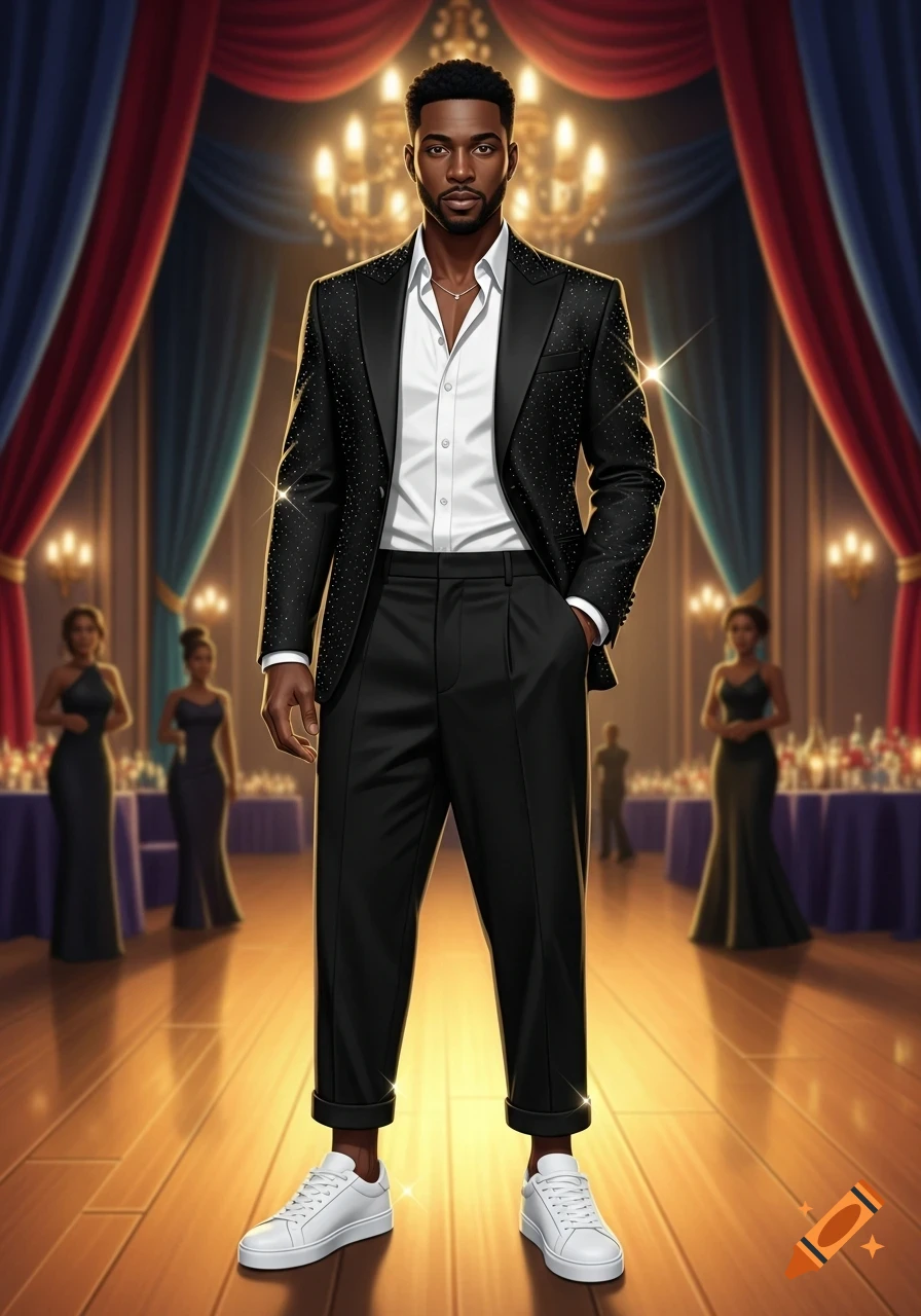 A stylish Black man in a black sparkling blazer, white shirt, black cropped trousers, and white sneakers stands at a formal event.