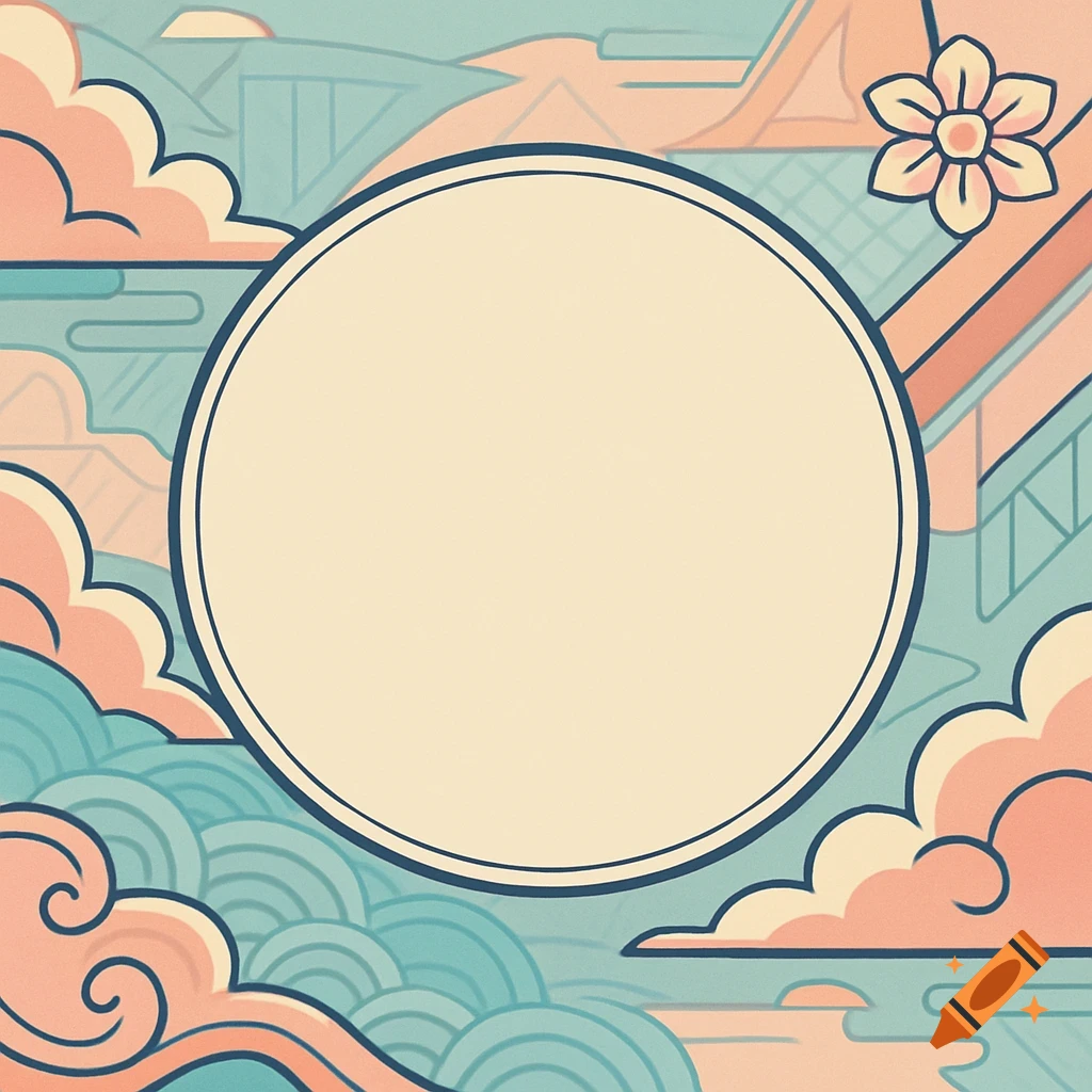 Stylized pastel anime background with a central empty circle frame, pink clouds, blue waves, and a single flower.