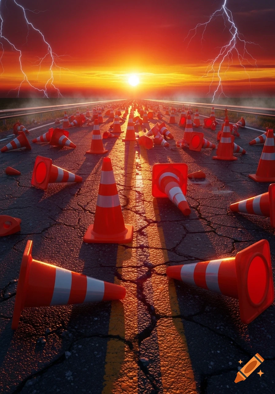 A dramatic scene of a cracked road littered with scattered orange traffic cones under a vibrant red and orange sunset with lightning.