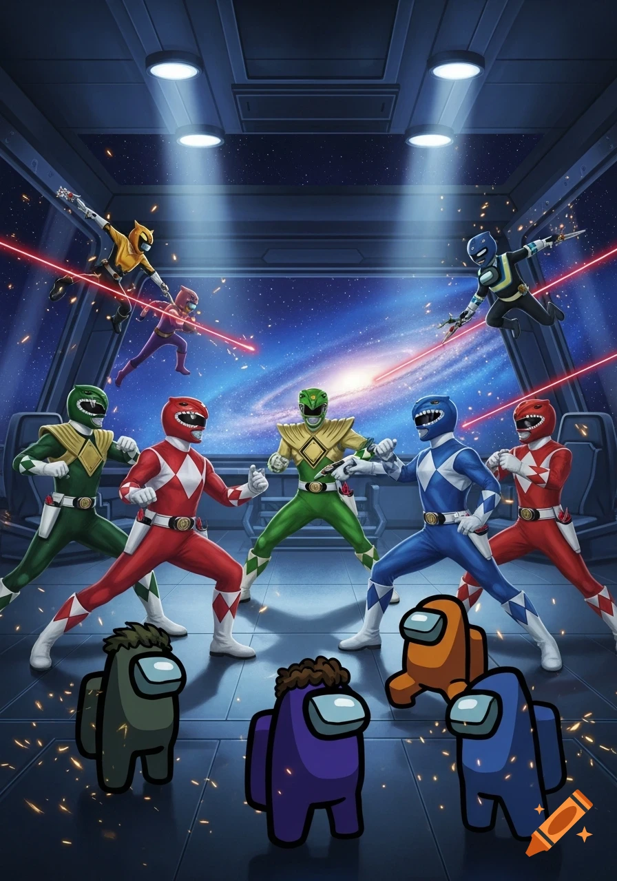 Power Rangers in fighting poses confront several Among Us crewmates inside a spaceship with a galaxy visible outside.