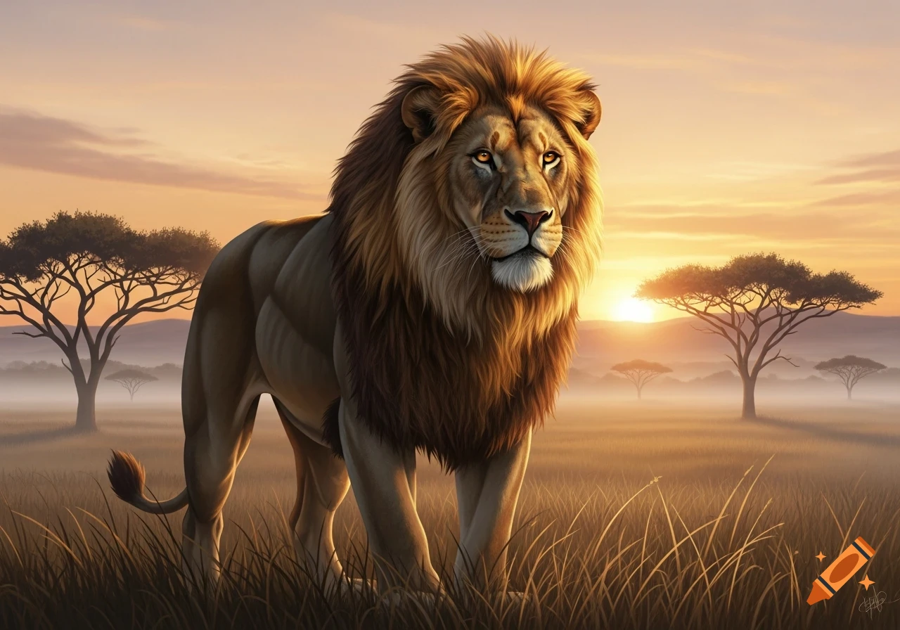 A majestic male lion stands in a grassy savanna at sunset, with acacia trees silhouetted against the orange sky.