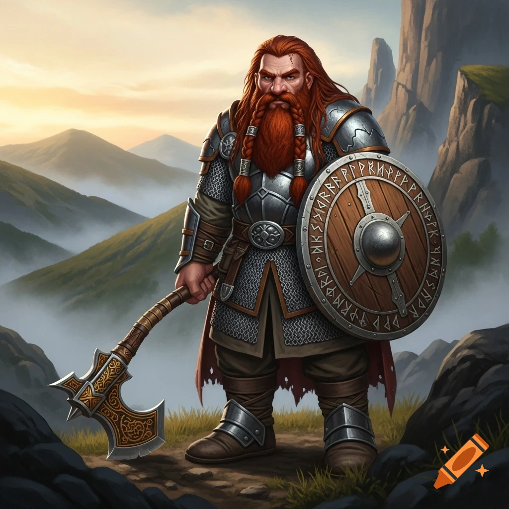 A heavily armored dwarf with a long braided red beard holds a large axe and a wooden shield with runes, standing in a mountain landscape at sunset.
