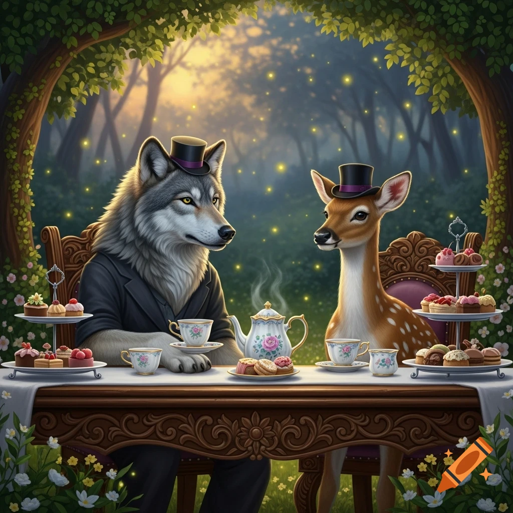 A whimsical wolf and deer in top hats share a tea party at a decorated table in an enchanted forest with glowing lights.