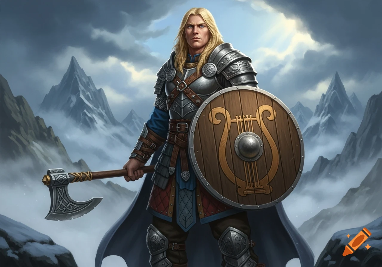 Blonde armored warrior with an axe and shield featuring a lyre symbol, standing in a snowy mountain landscape.