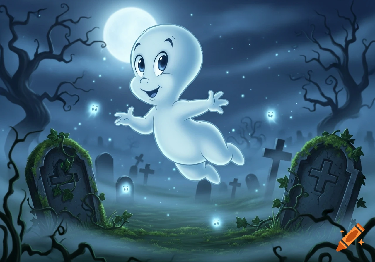 Cartoon Casper the Friendly Ghost floats happily above a misty graveyard with glowing mini-ghosts under a full moon.