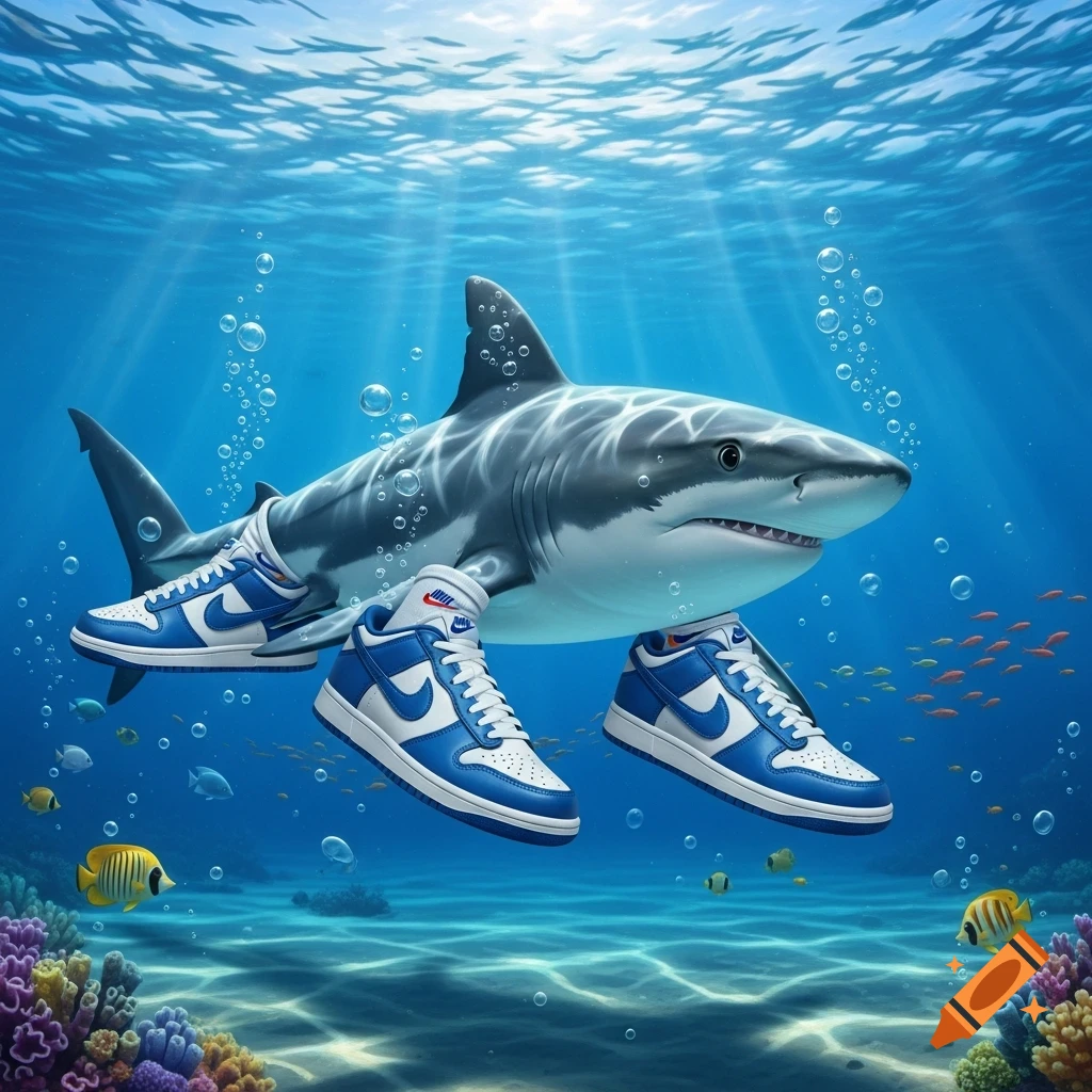 A cartoonish shark swimming underwater, wearing three blue and white Nike sneakers with visible text.